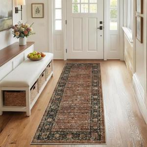Garvee Green 9×12 Area Rugs for Living Room, Washable Non Slip Floral Rug with Non Slip Backing for Bedroom Vintage Distressed Oriental Indoor Carpet for Dining Room Office Retro Accent Home Decor Rug(Vintage|brown)