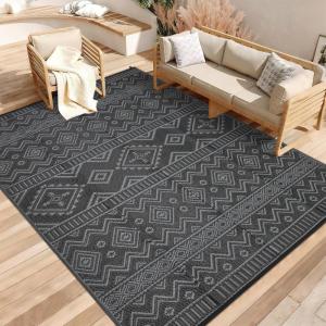 Garvee Outdoor Rug 9×18 Waterproof Reversible Boho Plastic Straw Mat, Lightweight Foldable Indoor Green Yellow Outdoor Carpet for Patio Balcony Deck Picnic Beach RV(Black/Gray)