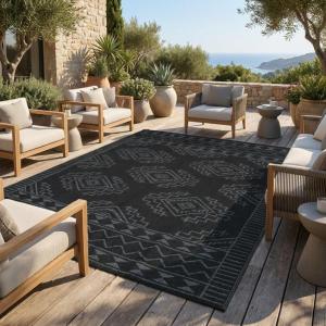 Garvee Outdoor Rug 9×18 Waterproof Reversible Boho Plastic Straw Mat, Lightweight Foldable Indoor Green Yellow Outdoor Carpet for Patio Balcony Deck Picnic Beach RV(Grey/Black)
