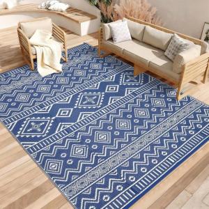 Garvee Outdoor Rug 9×18 Waterproof Reversible Boho Plastic Straw Mat, Lightweight Foldable Indoor Green Yellow Outdoor Carpet for Patio Balcony Deck Picnic Beach RV(Navy Blue/White)