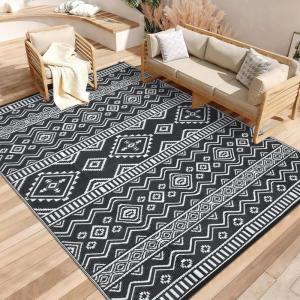 Garvee Outdoor Rug 9×18 Waterproof Reversible Boho Plastic Straw Mat, Lightweight Foldable Indoor Green Yellow Outdoor Carpet for Patio Balcony Deck Picnic Beach RV(Geom Black/White)