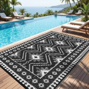 Garvee Outdoor Rug 9×18 Waterproof Reversible Boho Plastic Straw Mat, Lightweight Foldable Indoor Green Yellow Outdoor Carpet for Patio Balcony Deck Picnic Beach RV(Border Black/White)