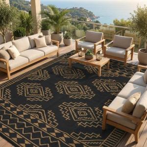 Garvee Outdoor Rug 9×18 Waterproof Reversible Boho Plastic Straw Mat, Lightweight Foldable Indoor Green Yellow Outdoor Carpet for Patio Balcony Deck Picnic Beach RV(Brown/Black)