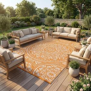Garvee Outdoor Rug 9×18 Waterproof Reversible Boho Plastic Straw Mat, Lightweight Foldable Indoor Green Yellow Outdoor Carpet for Patio Balcony Deck Picnic Beach RV(Boho – Orange/White)