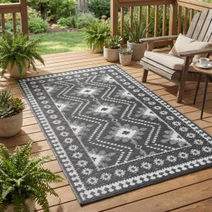 Garvee Outdoor Rug 9×18 Waterproof Reversible Boho Plastic Straw Mat, Lightweight Foldable Indoor Green Yellow Outdoor Carpet for Patio Balcony Deck Picnic Beach RV(Gray/White)