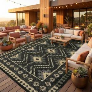 Garvee Outdoor Rug 9×18 Waterproof Reversible Boho Plastic Straw Mat, Lightweight Foldable Indoor Green Yellow Outdoor Carpet for Patio Balcony Deck Picnic Beach RV(Border Black/Brown)