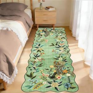 Garvee Scalloped Floral Peacock 4×6 Rug, Washable Large Non Slip Nursery Rugs Indoor Farmhouse Low Pile Area Rug for Bedroom Living Room, Ultra Thin Botanical Home Decor Carpet Mat, Beige(Peacock|green)