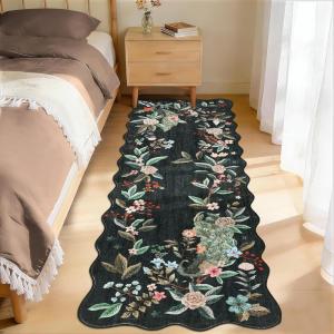 Garvee Scalloped Floral Peacock 4×6 Rug, Washable Large Non Slip Nursery Rugs Indoor Farmhouse Low Pile Area Rug for Bedroom Living Room, Ultra Thin Botanical Home Decor Carpet Mat, Beige(Peacock|black)