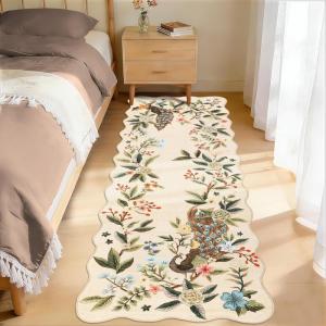 Garvee Scalloped Floral Peacock 4×6 Rug, Washable Large Non Slip Nursery Rugs Indoor Farmhouse Low Pile Area Rug for Bedroom Living Room, Ultra Thin Botanical Home Decor Carpet Mat, Beige(Peacock|beige)