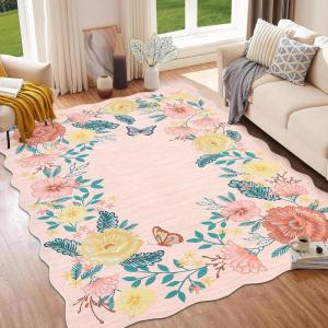 Garvee Scalloped Machine Washable Rugs 9×12 Large Area Rug for Living Room, Bedroom, Low Pile Non-Slip Flower Accent Carpet Neutral Soft Stain Resistant Rug for Dining Room, Office, Nursery, Pink