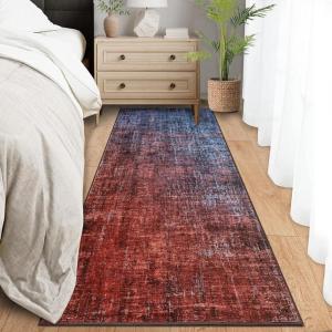 Garvee Washable Kitchen Rugs, 2×6 Light Brown Hallway Runner, Soft Low Pile Stain Resistant Laundry Entryway Mat, Indoor Modern Throw Carpet for Laundry Bathroom Bedside(Modern Abstract|blue Red)