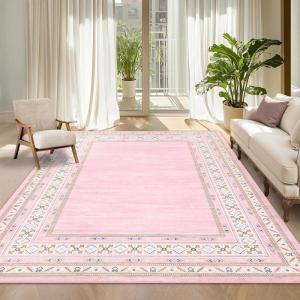 Garvee Washable Pink 4×6 Area Rugs for Girls Bedroom, Large Non Slip Living Room Rug Geometric Bordered Accent Carpet for Dining Room Office Ultra Thin Low Pile Floor Rugs for Nursery Playroom