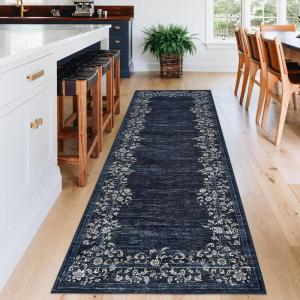 Garvee Washable Runner Rugs for Hallway 2×6 Modern Bordered Non Slip Kitchen Laundry Rug Low-Pile Non-Shedding Geometric Floor Carpet Runners for Bathroom Bedroom Bedside, Linen(Floral|blue)