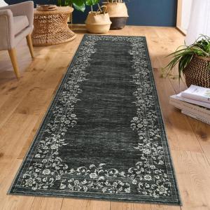 Garvee Washable Runner Rugs for Hallway 2×6 Modern Bordered Non Slip Kitchen Laundry Rug Low-Pile Non-Shedding Geometric Floor Carpet Runners for Bathroom Bedroom Bedside, Linen(Floral|black)