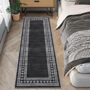 Garvee Washable Runner Rugs for Hallway 2×6 Modern Bordered Non Slip Kitchen Laundry Rug Low-Pile Non-Shedding Geometric Floor Carpet Runners for Bathroom Bedroom Bedside, Linen(Bordered|black)