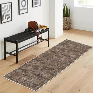 Garvee Washable Runner Rugs for Hallway 2×6 Modern Bordered Non Slip Kitchen Laundry Rug Low-Pile Non-Shedding Geometric Floor Carpet Runners for Bathroom Bedroom Bedside, Linen(Airy Solid|brown)