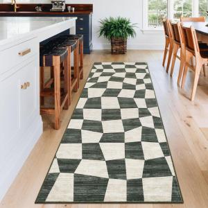 Garvee Washable Runner Rugs for Hallway 2×6 Modern Bordered Non Slip Kitchen Laundry Rug Low-Pile Non-Shedding Geometric Floor Carpet Runners for Bathroom Bedroom Bedside, Linen(Checkered|green)