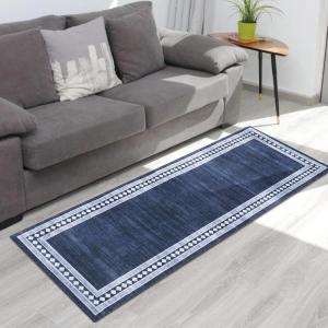 Garvee Washable Runner Rugs for Hallway 2×6 Modern Bordered Non Slip Kitchen Laundry Rug Low-Pile Non-Shedding Geometric Floor Carpet Runners for Bathroom Bedroom Bedside, Linen(Bordered|navy)