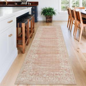 Garvee Washable Runner Rugs for Hallway 2×6 Modern Bordered Non Slip Kitchen Laundry Rug Low-Pile Non-Shedding Geometric Floor Carpet Runners for Bathroom Bedroom Bedside, Linen(Floral|pink)