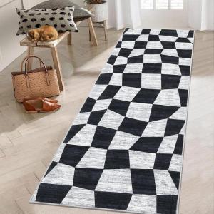 Garvee Washable Runner Rugs for Hallway 2×6 Modern Bordered Non Slip Kitchen Laundry Rug Low-Pile Non-Shedding Geometric Floor Carpet Runners for Bathroom Bedroom Bedside, Linen(Checkered|black)