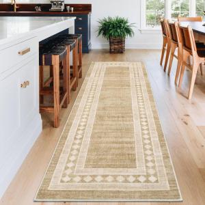 Garvee Washable Runner Rugs for Hallway 2×6 Modern Bordered Non Slip Kitchen Laundry Rug Low-Pile Non-Shedding Geometric Floor Carpet Runners for Bathroom Bedroom Bedside, Linen(Bordered|linen)