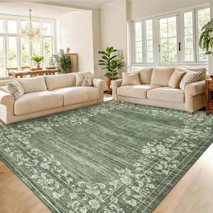 Garvee Washable Runner Rugs for Hallway 2×6 Modern Bordered Non Slip Kitchen Laundry Rug Low-Pile Non-Shedding Geometric Floor Carpet Runners for Bathroom Bedroom Bedside, Linen(Floral|green)