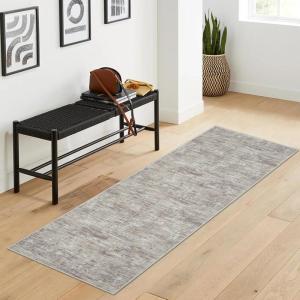 Garvee Washable Runner Rugs for Hallway 2×6 Modern Bordered Non Slip Kitchen Laundry Rug Low-Pile Non-Shedding Geometric Floor Carpet Runners for Bathroom Bedroom Bedside, Linen(Airy Solid|camel)