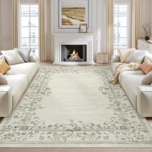 Garvee Washable Runner Rugs for Hallway 2×6 Modern Bordered Non Slip Kitchen Laundry Rug Low-Pile Non-Shedding Geometric Floor Carpet Runners for Bathroom Bedroom Bedside, Linen(Floral|beige)