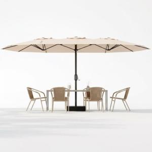 Garvee 15Ft Double-Sided Patio Umbrella, Large Outdoor Market Umbrella with Base Included, Rectangular Table Umbrella for Poolside, Lawn, Backyard(Khaki)