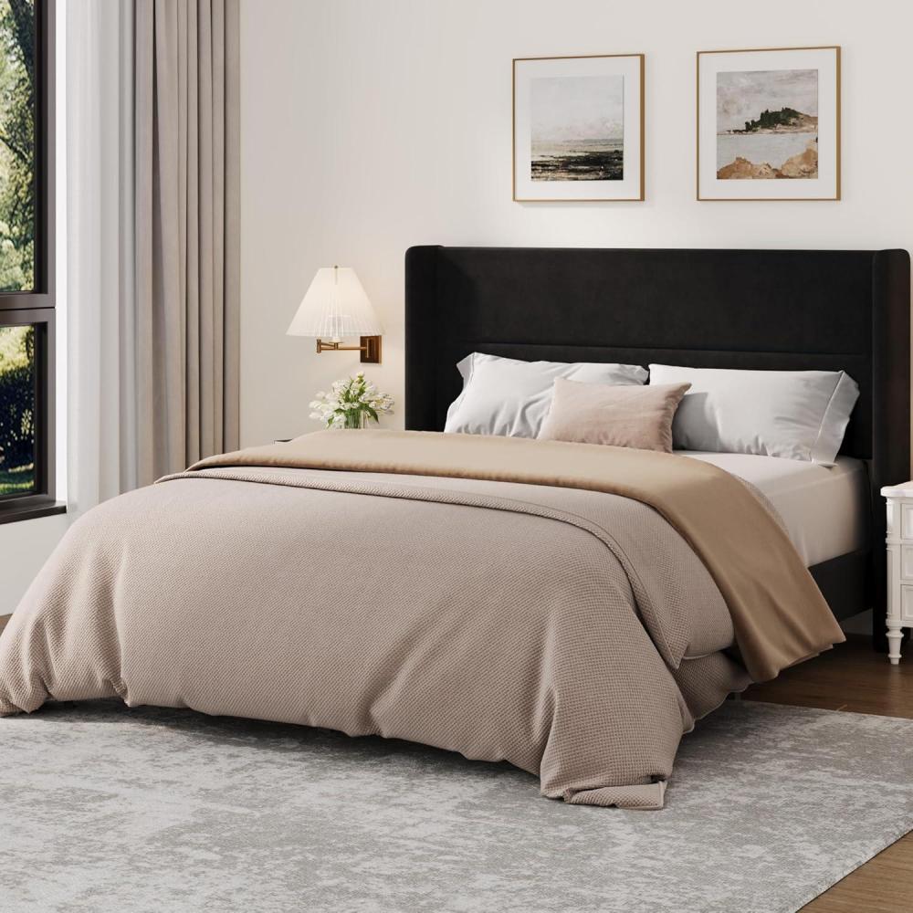 image:imageGarvee Queen Size Bed Frame with Wingback Headboard Velvet Upholstered Platform Bedframe with Wood Slats No Box Spring Needed Easy Assembly BeigeBlack