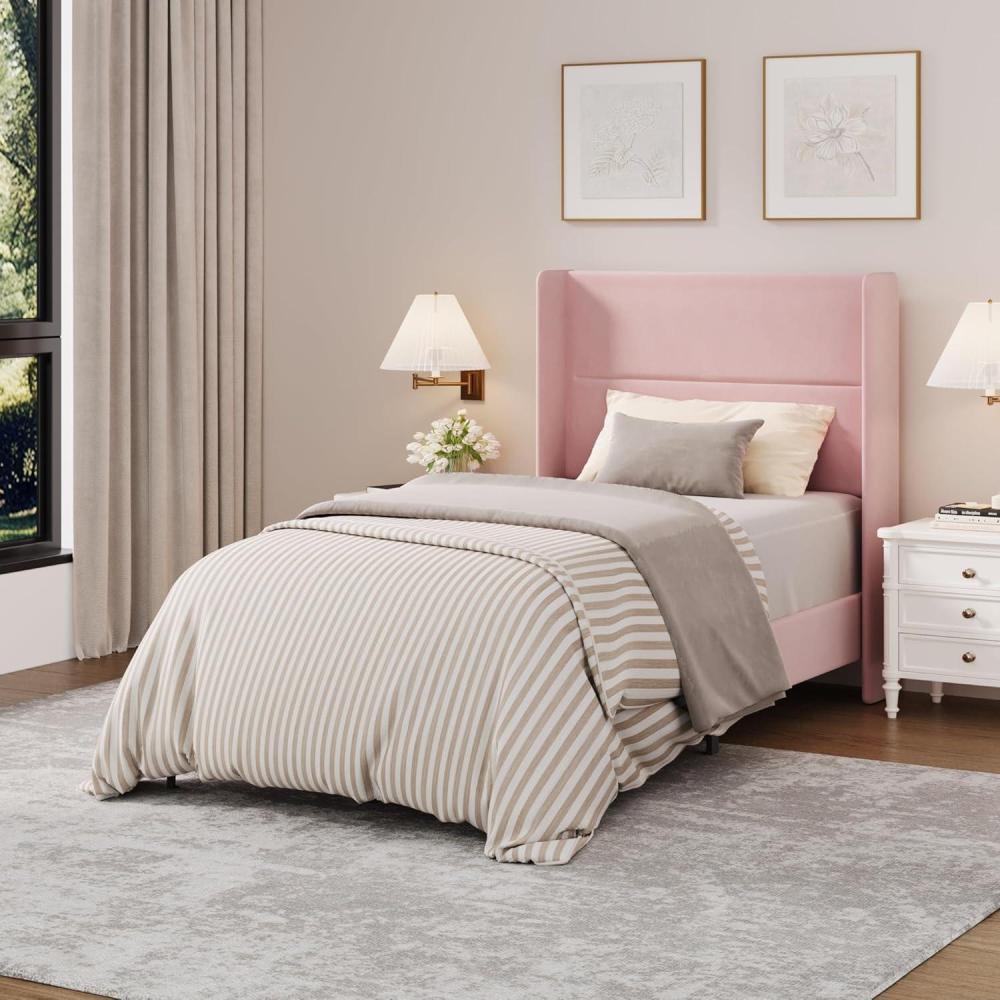 image:imageGarvee Queen Size Bed Frame with Wingback Headboard Velvet Upholstered Platform Bedframe with Wood Slats No Box Spring Needed Easy Assembly BeigePink