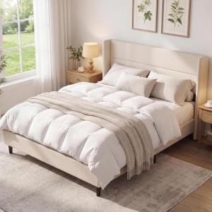 Garvee Queen Size Bed Frame with Wingback Headboard, Velvet Upholstered Platform Bedframe with Wood Slats, No Box Spring Needed, Easy Assembly, Beige(Beige)