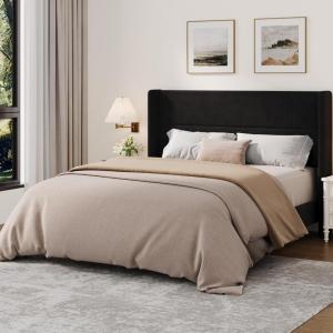 Garvee Queen Size Bed Frame with Wingback Headboard, Velvet Upholstered Platform Bedframe with Wood Slats, No Box Spring Needed, Easy Assembly, Beige(Black)
