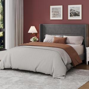 Garvee Queen Size Bed Frame with Wingback Headboard, Velvet Upholstered Platform Bedframe with Wood Slats, No Box Spring Needed, Easy Assembly, Beige(Grey)