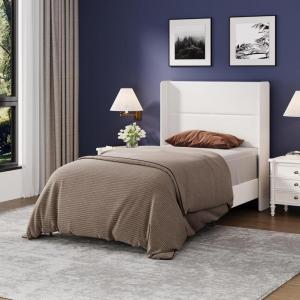 Garvee Queen Size Bed Frame with Wingback Headboard, Velvet Upholstered Platform Bedframe with Wood Slats, No Box Spring Needed, Easy Assembly, Beige(White)