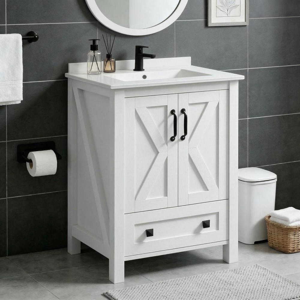 image:imageGarvee 24 inch Vanity with Ceramic Sink Modern Bathroom Vanity with 2 Doors and 1 Storage Drawer Freestanding Bathroom Cabinet with Modern Design for Your Bathrooms WhiteWhite