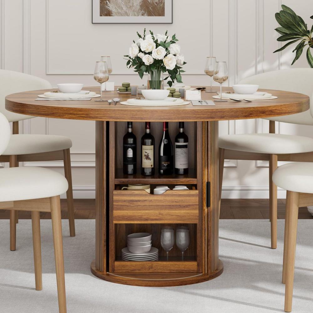 image:imageGarvee 47 Inch Round Dining Table for 4 Kitchen Table with 2Layer Storage Shelf and a Drawer Farmhouse Circle Dinner Table for Dining Room Kitchen Living Room Table Only BlackWalnut