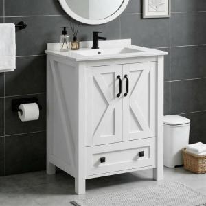 Garvee 24 inch Vanity with Ceramic Sink, Modern Bathroom Vanity with 2 Doors and 1 Storage Drawer, Freestanding Bathroom Cabinet with Modern Design for Your Bathrooms, White(White)