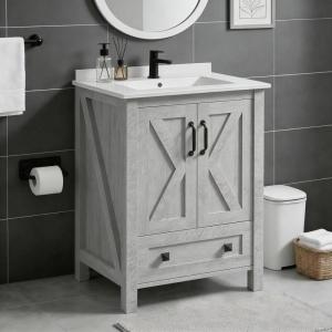Garvee 24 inch Vanity with Ceramic Sink, Modern Bathroom Vanity with 2 Doors and 1 Storage Drawer, Freestanding Bathroom Cabinet with Modern Design for Your Bathrooms, White(Grey)