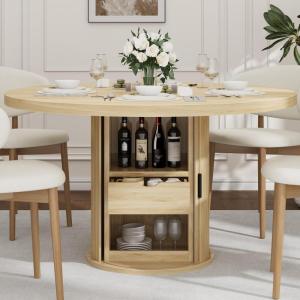 Garvee 47 Inch Round Dining Table for 4, Kitchen Table with 2-Layer Storage Shelf and a Drawer, Farmhouse Circle Dinner Table for Dining Room, Kitchen, Living Room (Table Only), Black(Natural)