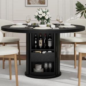 Garvee 47 Inch Round Dining Table for 4, Kitchen Table with 2-Layer Storage Shelf and a Drawer, Farmhouse Circle Dinner Table for Dining Room, Kitchen, Living Room (Table Only), Black(Black)