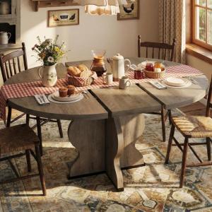 Garvee 47″-63″ Extendable Round Dining Room Table for 4-8, Farmhouse Wood ExpandableKitchen Table w/Wider Leg, Sturdy Metal Frame, Oval Circle, for Dinner, Kitchen, Apartment, Space Save, Retro Black(Retro Gray)