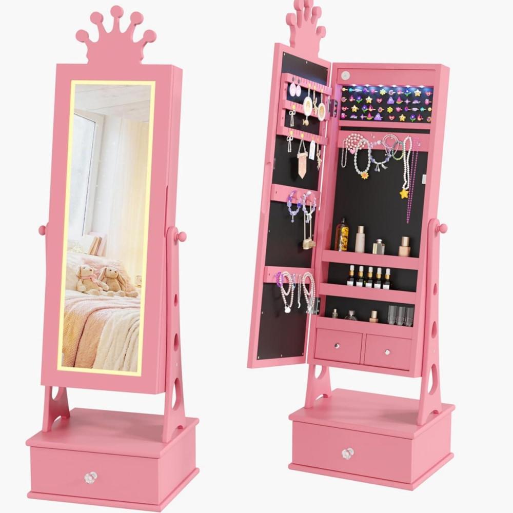 image:imageGarvee Kids Jewelry Armoire Cabinet Standing Jewelry Organizer with FullLength Mirror 3 Storage Drawer Kids Vanity Dress Up Mirror Jewelry Cabinet for GirlsPink