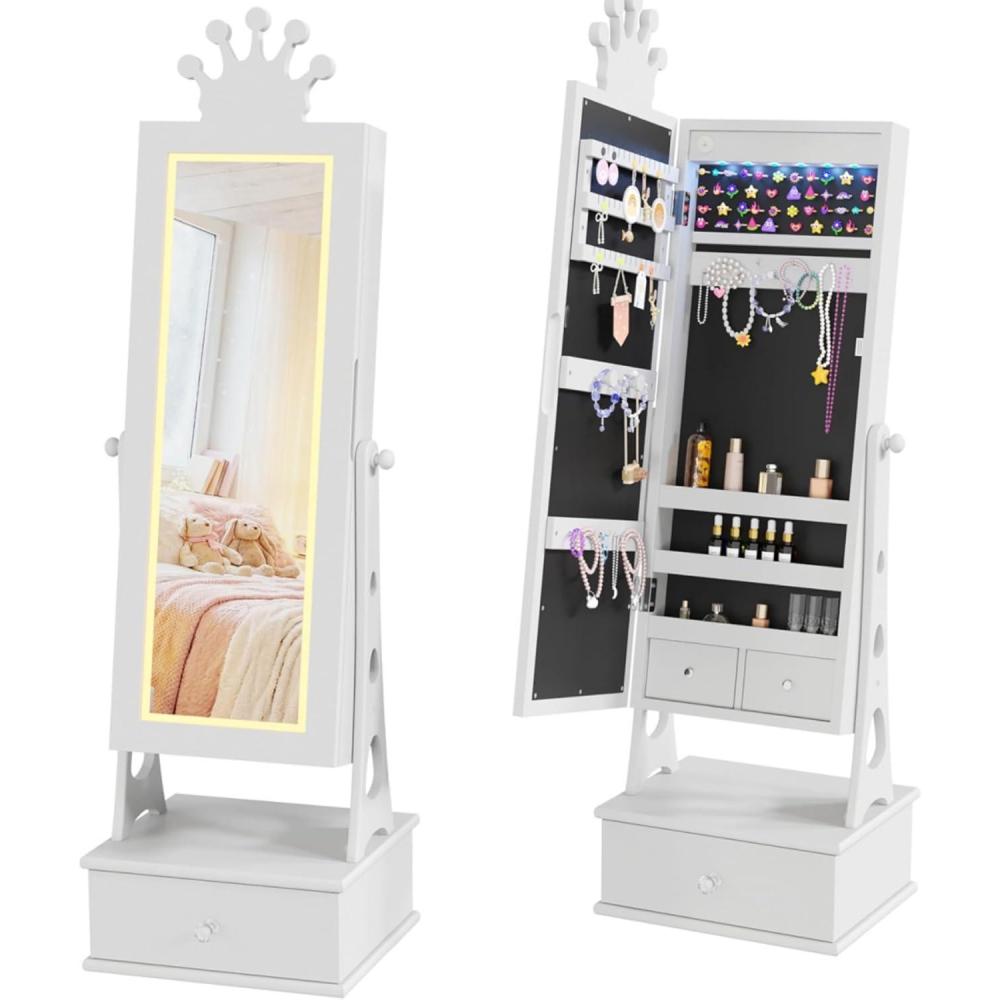 image:imageGarvee Kids Jewelry Armoire Cabinet Standing Jewelry Organizer with FullLength Mirror 3 Storage Drawer Kids Vanity Dress Up Mirror Jewelry Cabinet for GirlsWhite
