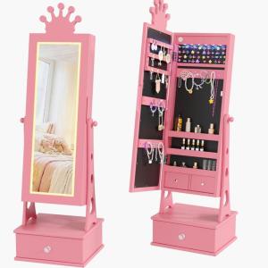 Garvee Kids Jewelry Armoire Cabinet, Standing Jewelry Organizer with Full-Length Mirror, 3 Storage Drawer, Kids Vanity Dress Up Mirror Jewelry Cabinet for Girls(Pink)