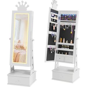 Garvee Kids Jewelry Armoire Cabinet, Standing Jewelry Organizer with Full-Length Mirror, 3 Storage Drawer, Kids Vanity Dress Up Mirror Jewelry Cabinet for Girls(White)