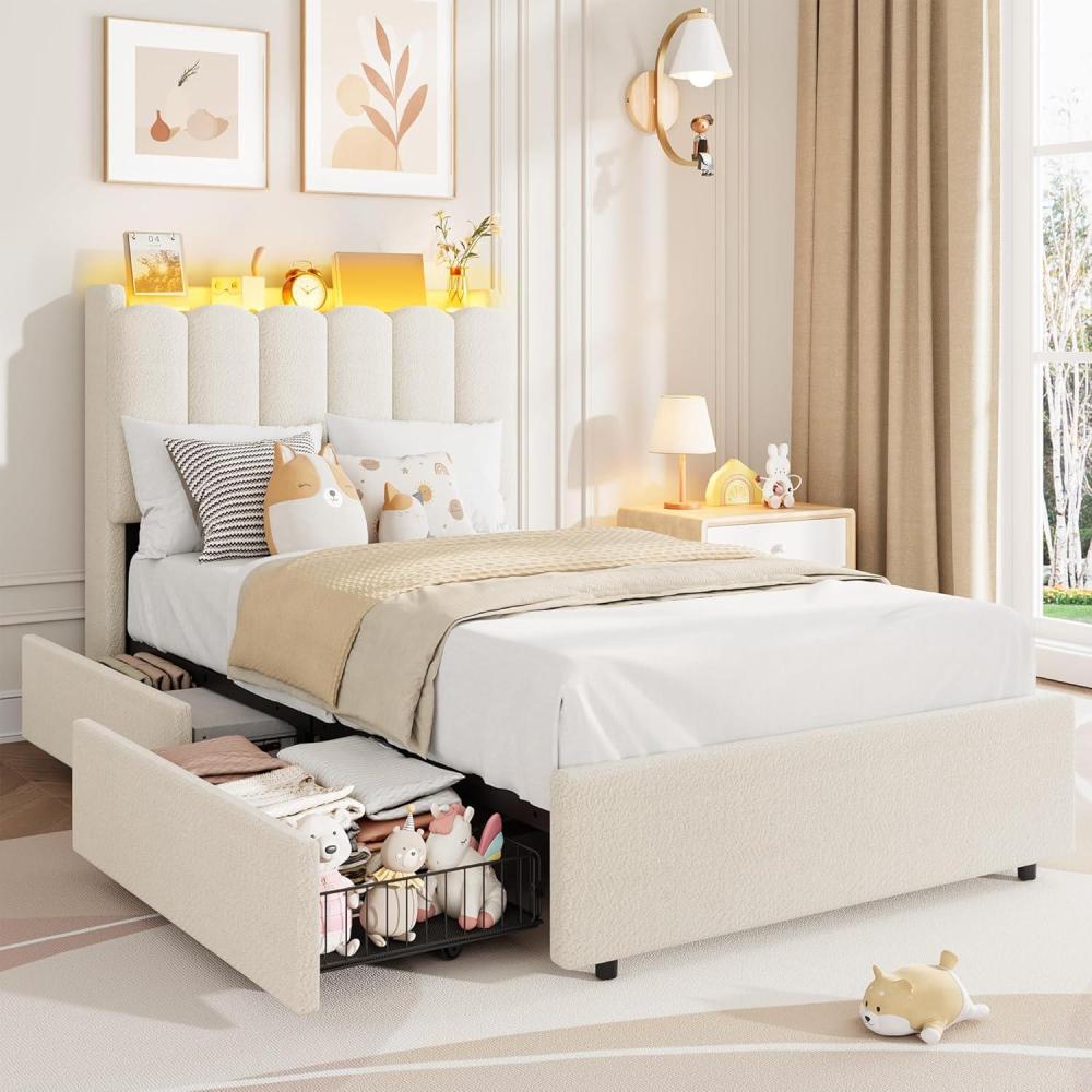 image:imageGarvee LED Twin Size Bed Frame with Storage Headboard Kids Bed Frame with 2 Drawers Boucle Upholstered Platform Bed for Girls Chic Wavy Headboard with Bookcase No Box Spring Needed PinkWhite