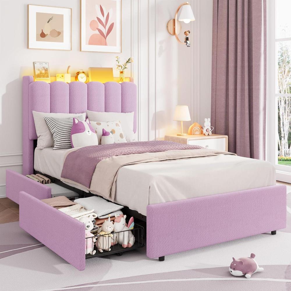 image:imageGarvee LED Twin Size Bed Frame with Storage Headboard Kids Bed Frame with 2 Drawers Boucle Upholstered Platform Bed for Girls Chic Wavy Headboard with Bookcase No Box Spring Needed PinkPurple