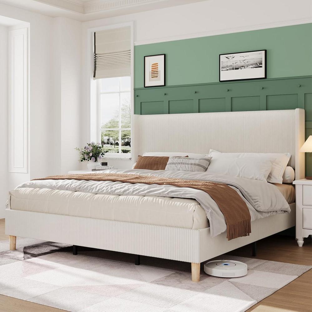 image:imageGarvee Queen Size Bed Frame Corduroy Upholstered Queen Bed Frame with Wingback Headboard No Box Spring Needed Sturdy Wooden Slats Noise Free Yellow CreamQueen
