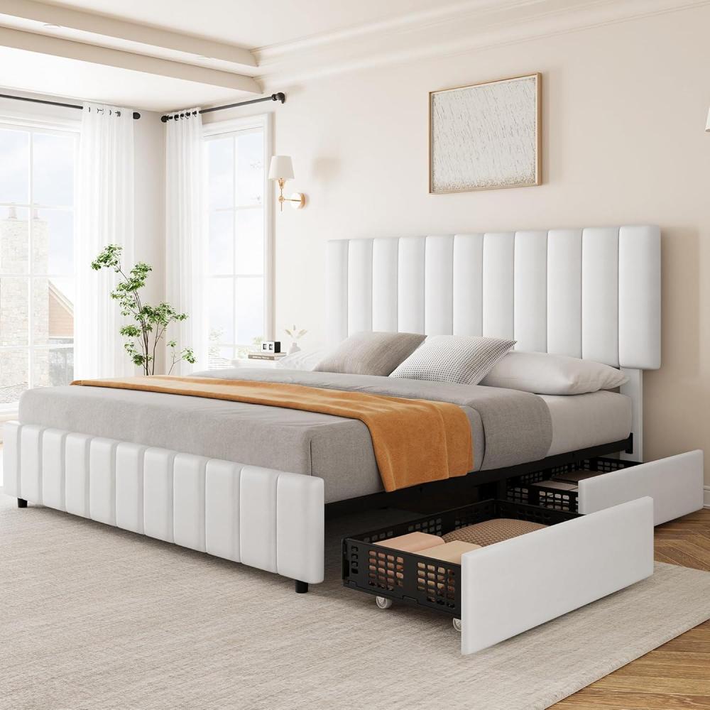 image:imageGarvee Queen Size Bed Frame with 4 Storage Drawers Adjustable Height Headboard Linen Upholstered Platform Bed Frame No Box Spring Needed Easy Assembly GreyWhite